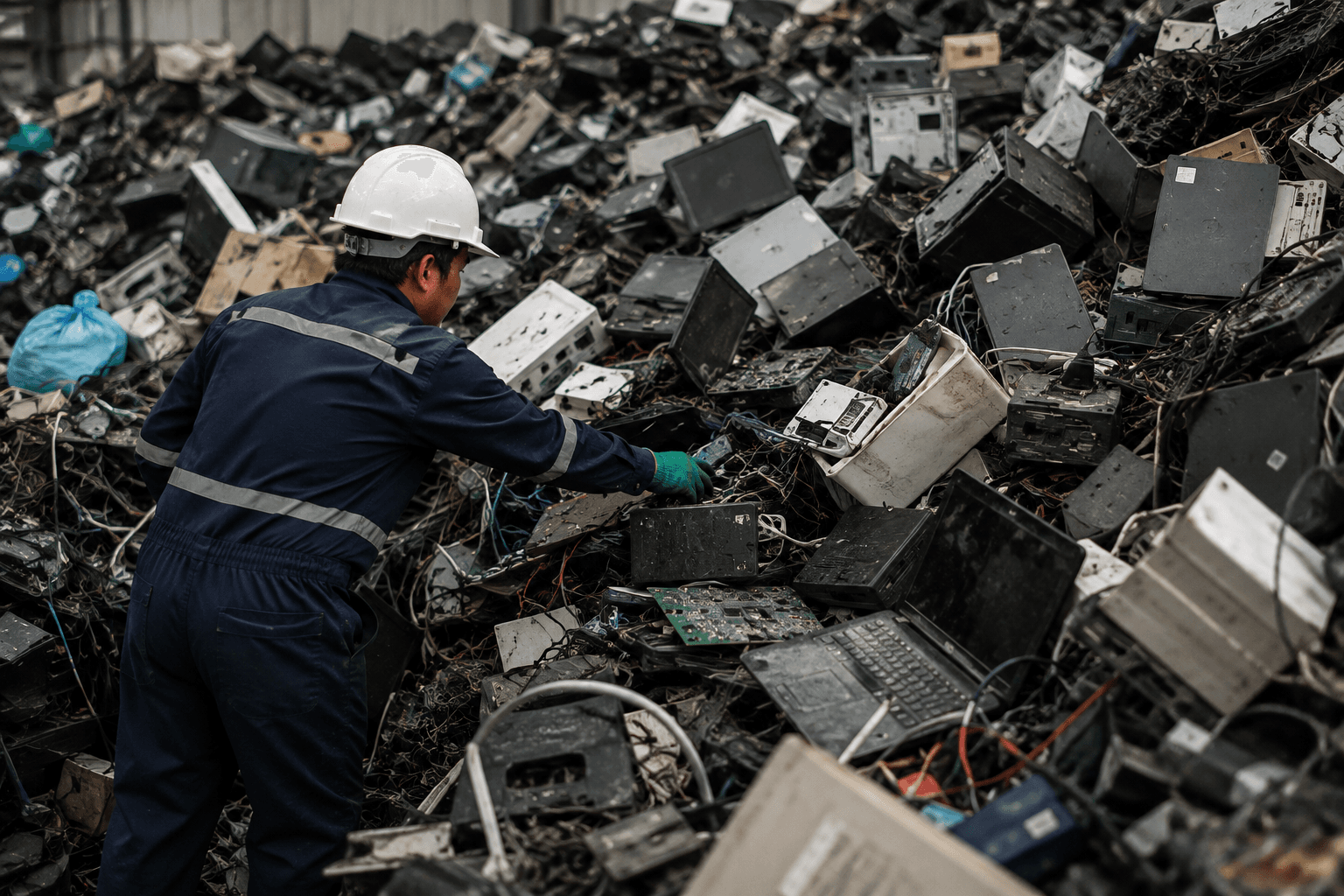Worker sorting electronic waste at a recycling plant